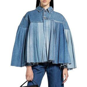 NWT E.L.V. Denim Pleated Cape Jacket Poncho Mid Light Blue Collared ELV XS S